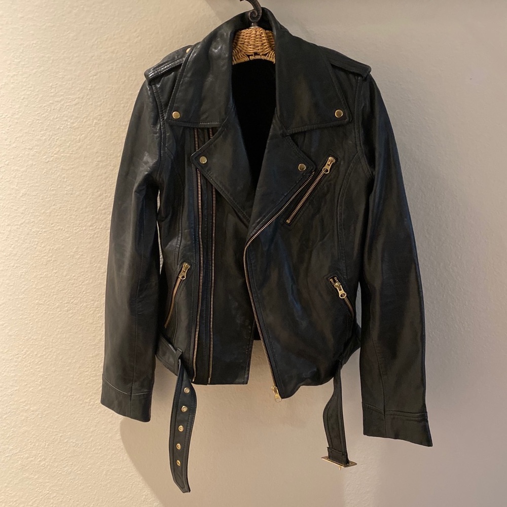 Black genuine leather moto jacket M w/ gold studs